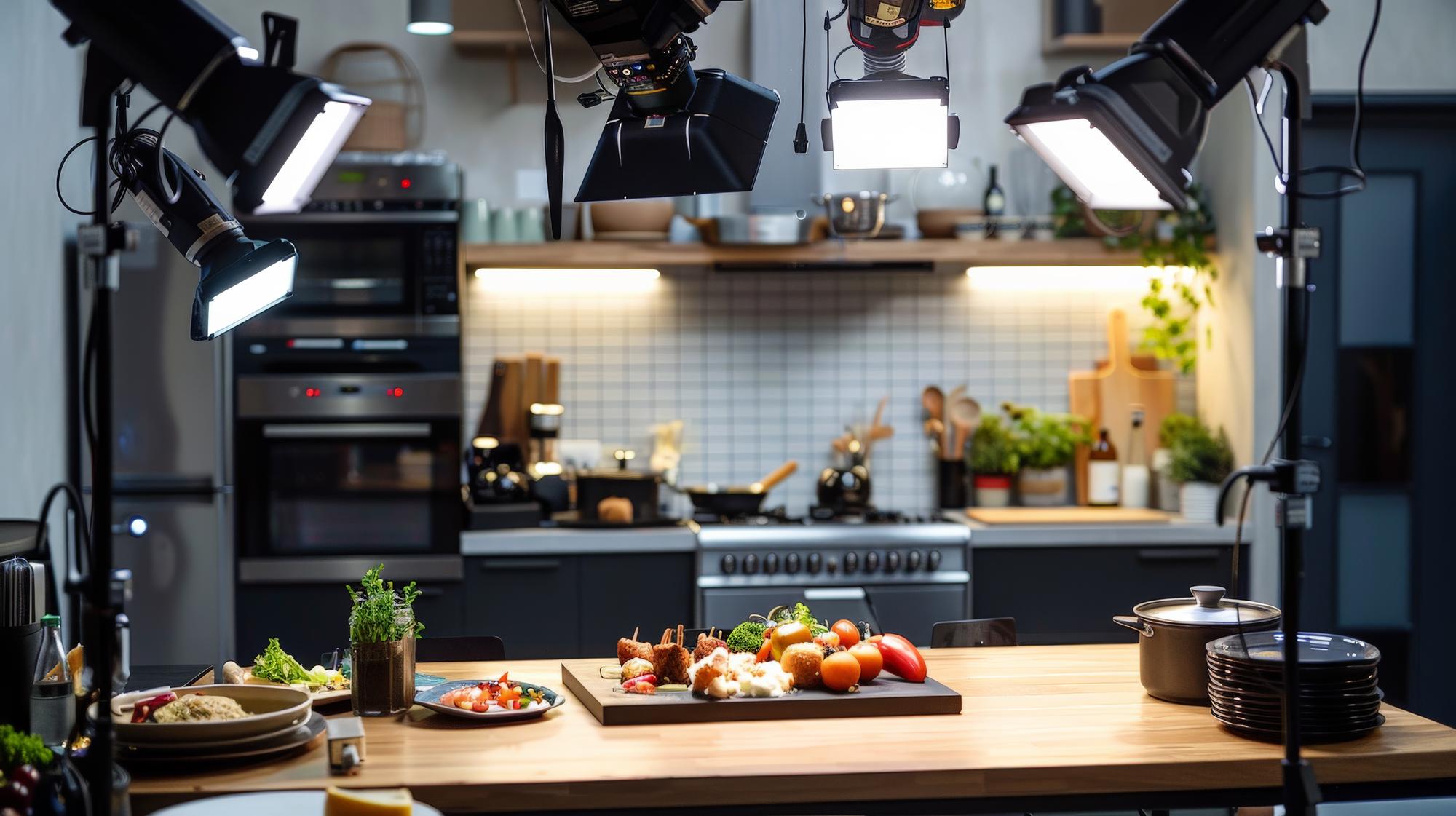 Small studio kitchen with camera setup